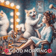 a painting of a woman with curlers and a cat applying makeup with the caption good morning