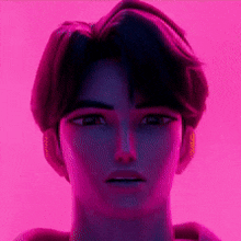 a close up of a man 's face with a pink background