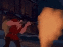 a cartoon character is holding a gun in front of a large fire .