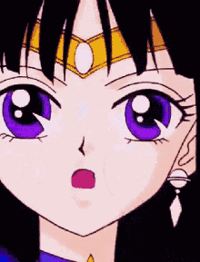 a close up of a girl with purple eyes and a star on her neck