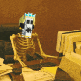 a skeleton is sitting at a desk with a pixelated skull on his head