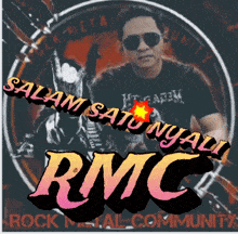 a man wearing sunglasses stands in front of a sign that says rmc