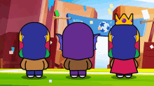 three cartoon characters are standing on a green field
