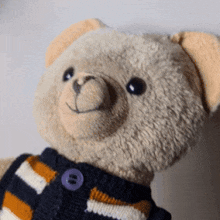 a close up of a teddy bear wearing a sweater with a purple button