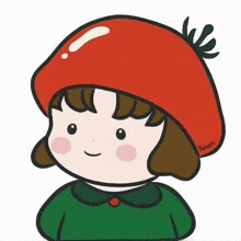 a cartoon girl wearing a red hat and a green shirt is smiling .