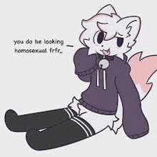 a furry character is sitting on the floor wearing knee high socks and a sweater .
