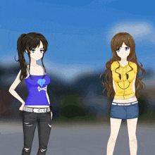 two anime girls are standing next to each other one wearing a blue tank top with a diamond on it
