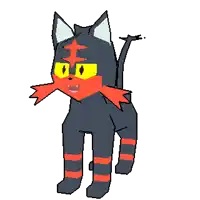 a pixel art drawing of a black cat with red stripes on its legs
