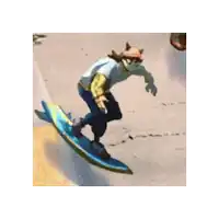 a cartoon character is riding a blue surfboard