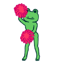 a green frog is holding up two pink pom poms .