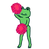 a green frog is holding up two pink pom poms .