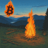 a cartoon drawing of a fire with a burning bitcoin symbol in the background