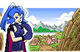 a pixel art of a girl with blue hair standing in front of a landscape