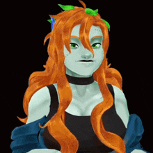 a cartoon drawing of a woman with red hair and green eyes