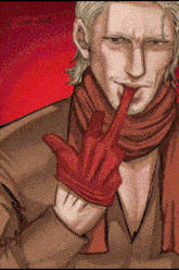 a man wearing a scarf and a red glove is making a shhh sign