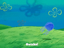 spongebob squarepants is flying through the air while holding a fishing net in his hand .