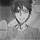 a black and white drawing of a boy with a speech bubble that says obvious akash seijuro