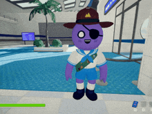 a purple cartoon character wearing a hat and eye patch stands in a hallway