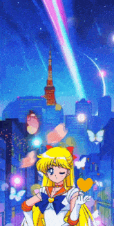 a girl in a sailor moon costume is standing in front of a city skyline