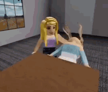a girl is sitting on top of a man 's head in a room in a video game .