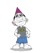 a cartoon character is wearing a party hat and a shirt that says zhot.com