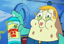 a cartoon character is holding a spray bottle that says shower in a can