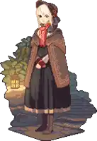 a pixel art illustration of a girl in a cape holding a lantern