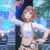 a girl in a white shirt and pink gloves is standing in front of a sign that says resort