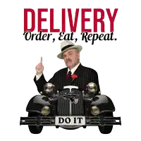 a man in a suit and hat is driving a car that says delivery
