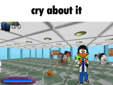 a cartoon character in a room with the words cry about it