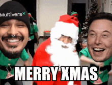 a man wearing a multiverse hat stands next to a man in a santa costume