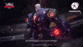 a man in a mask is standing in a dark room and says `` and the kingpin 's raw brutal strength '' .
