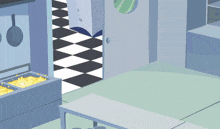 a cartoon illustration of a kitchen with a checkered floor and pots and pans