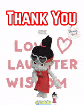 a thank you card with a cartoon character in front of it