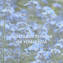 a bunch of blue flowers with a quote written on them