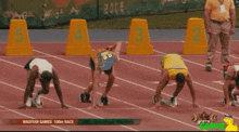 a group of athletes are getting ready to run a race called the wadiyan games 100m race