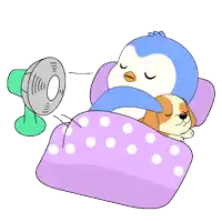 a cartoon of a penguin sleeping next to a dog