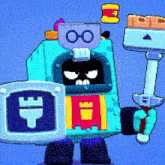 a cartoon character is holding a sword and shield in his hands .