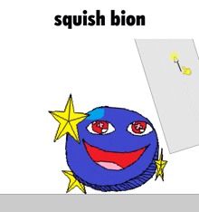 a cartoon drawing of a blue ball with a star and the words squish bion above it