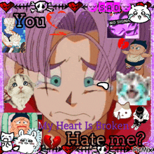 a picture of a sad anime character with the words my heart is broken hate me