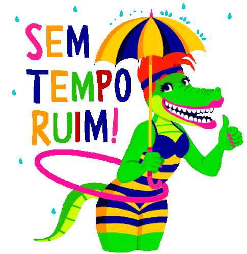 Alligator Hula Hooping In Rain Says No Problem In Portuguese Sticker - Hula Hooping Through Life Sem Tempo Ruim No Bad Weather Stickers