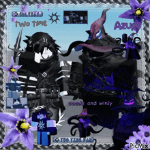 a collage of purple flowers with the words two time on the bottom