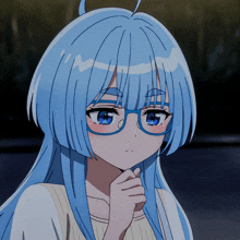 a girl with long blue hair and blue glasses is looking at the camera
