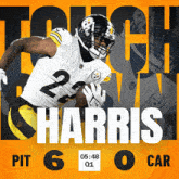 an advertisement for the pittsburgh steelers shows a player named harris running with the ball