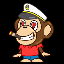 a cartoon monkey wearing a hat and heart shaped eyes blowing a kiss
