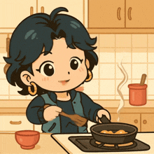 a cartoon illustration of a woman cooking in a kitchen