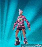 a woman in a pink and black checkered shirt is dancing on roller skates .