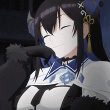 a black and white anime character with a necklace that says m on it