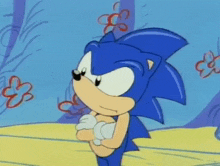 a cartoon character named sonic the hedgehog is standing on a beach with flowers in the background .