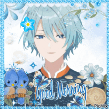 a picture of a boy with blue hair and the words " good morning "